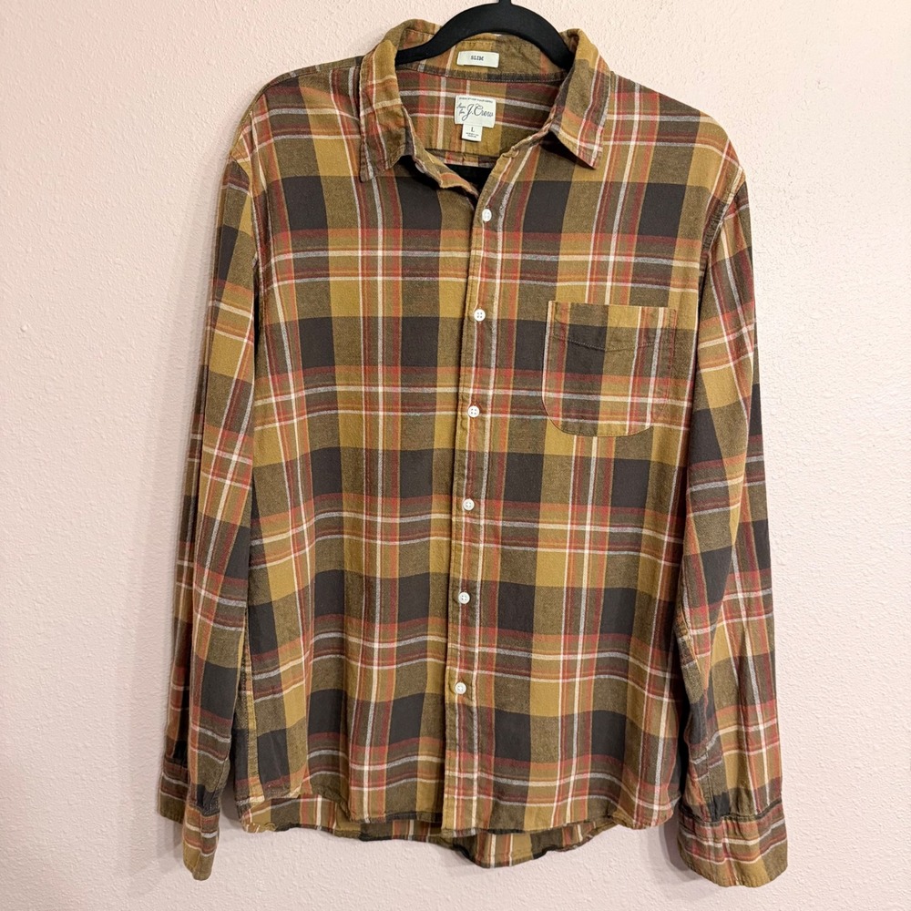 J.Crew Mens Slim Fit Plaid Flannel Shirt Large Mustard Brown AP874